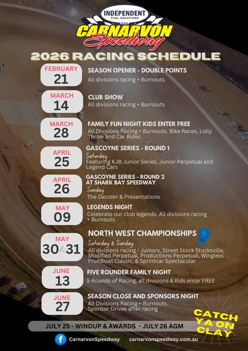 Carnarvon Speedway 2026 Racing Schedule